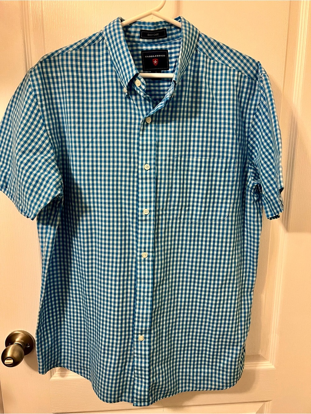 Saddlebred Blue and White Gingham Short-Sleeve Button-Down Shirt